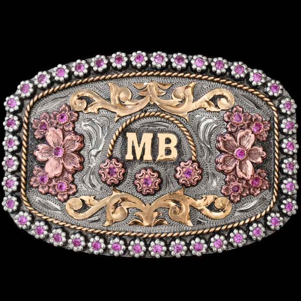 The Floresville buckle is a true American Beauty. This gorgeous buckle is crafted on a hand engraved, German Silver base with a natural finish. Customize it today for your Rodeo Queen!